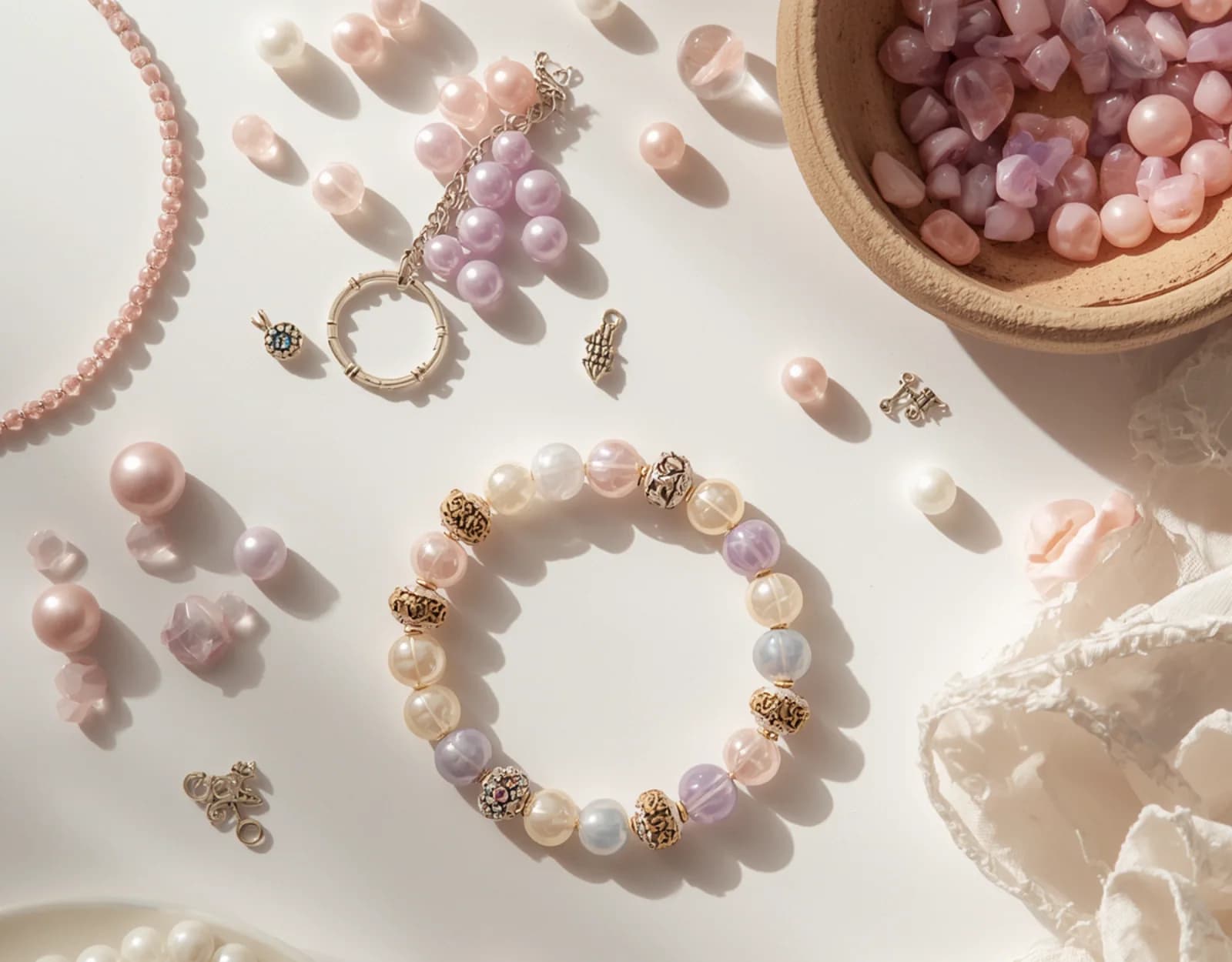 Pastel beads, charms, and a finished bracelet ready to inspire a custom piece